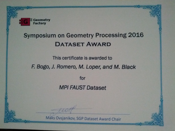 FAUST dataset wins the "Dataset Award" at the Eurographics Symposium on Geometry Processing 2016